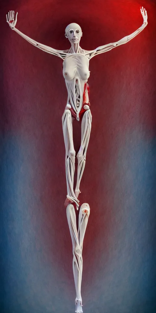 Image similar to poster design, full body anatomical model, 3 d photographic render of a deconstructed asymmetric human anatomical correct human body, in hoc signo vinces, waterfall, in the style of leonora carrington, gottfried helnwein, intricate composition, blue light by caravaggio, insanely quality, highly detailed, masterpiece, red light, artstation