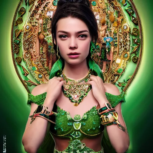 Image similar to photograph of wonderful princess with smooth fair skin, green jewelry, breathtaking, elegant, ornate, intricate, hyper detailed, accent lighting, dramatic light, 4 k octane render