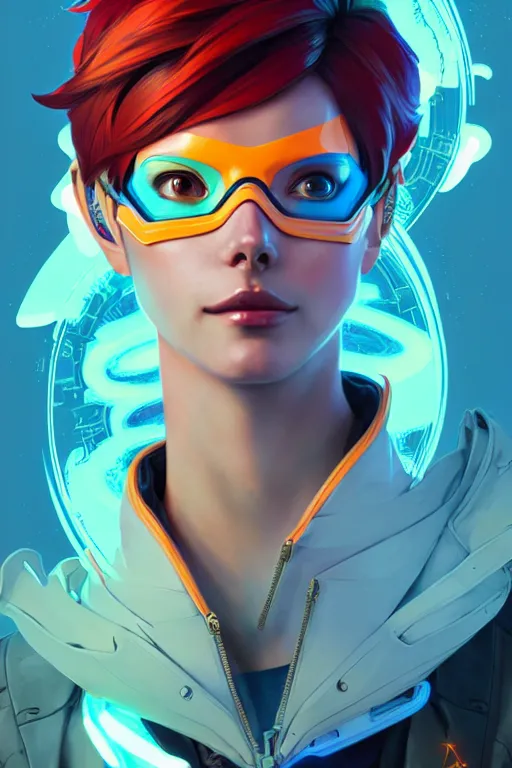 Prompt: portrait of beautiful tracer from overwatch, artstation winner by victo ngai, kilian eng and by jake parker, by conrad roset, swirly vibrant color lines, winning award masterpiece, fantastically gaudy, aesthetic octane render, 8 k hd resolution
