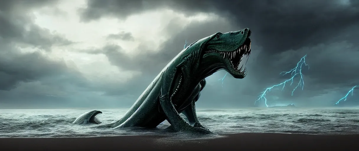Image similar to a stunning cinematic extreme wide shot of an slick sleek smooth halitrephes maasi sea monster wearing clothes made of seaweed on a dark stormy beach, with huge luminous sad eyes, sharp claws, cgsociety, hd octane render, fantasy, artstation, deviantart, furaffinity, very very clean, super smooth, thunderclouds, thunderstorm