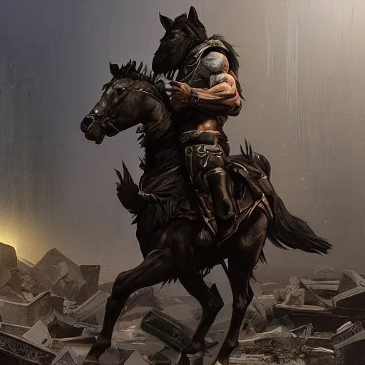 Image similar to splash art of a super buff black - coated anthropomorphic horse character wearing tactical kevlar fabric standing in rubble, long hair, exaggerated muscles, highly detailed, furry, furaffinity, digital painting, artstation, sharp focus, illustration, art by artgerm, greg rutkowski, alphonse mucha