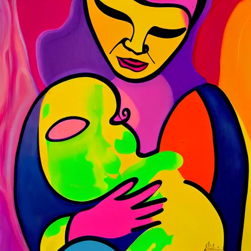 Image similar to a painting of a woman holding a baby, an ultrafine detailed painting by peter max and fiona rae and hernan bas and anna mond, featured on deviantart, metaphysical painting, biomorphic, fauvism, mixed media, photorealistic, dripping paint, palette knife texture, masterpiece