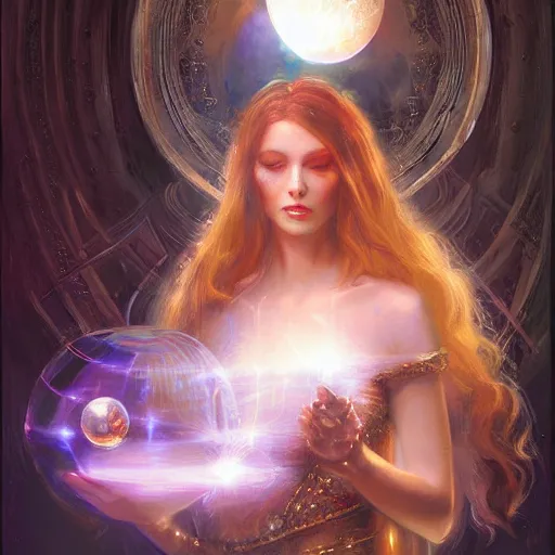 Image similar to a painting of a woman holding a crystal ball, a hologram by raymond swanland, featured on cgsociety, fantasy art, wiccan, mystical, tarot card