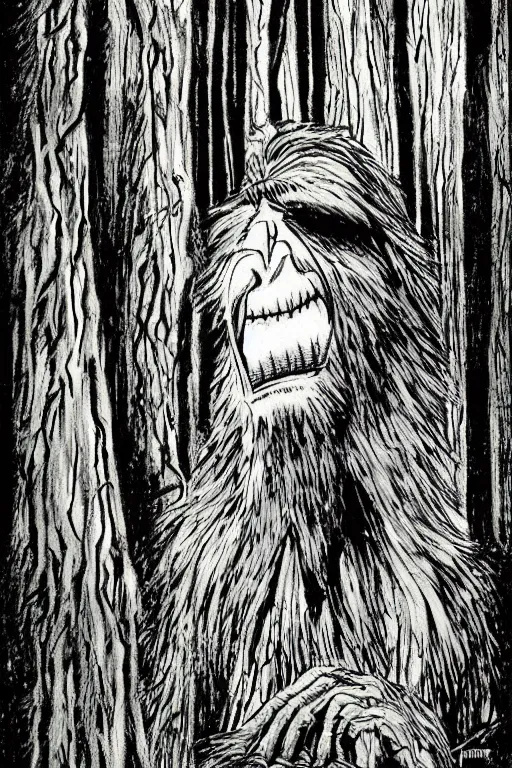 Image similar to mad bigfoot screaming in the woods artwork by ben templesmith