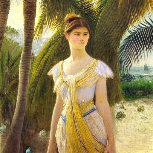 Prompt: a ultradetailed beautiful painting of a girl in the amazonas palace designed by jules bastien - lepage, hans belmer, frank weston and gustave baumann, beach, trending on artstation, mediterranean, palm trees, light sparkles, sharp focus, soft light, 8 k 4 k