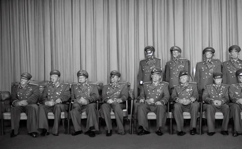 Image similar to 50s movie still full-lenght portrait of soviet generals sit at the parlement, by Alexei Guerman , Cinestill 800t 35mm black and white, heavy grainy picture, very detailed, high quality, 4k, HD criterion, precise texture