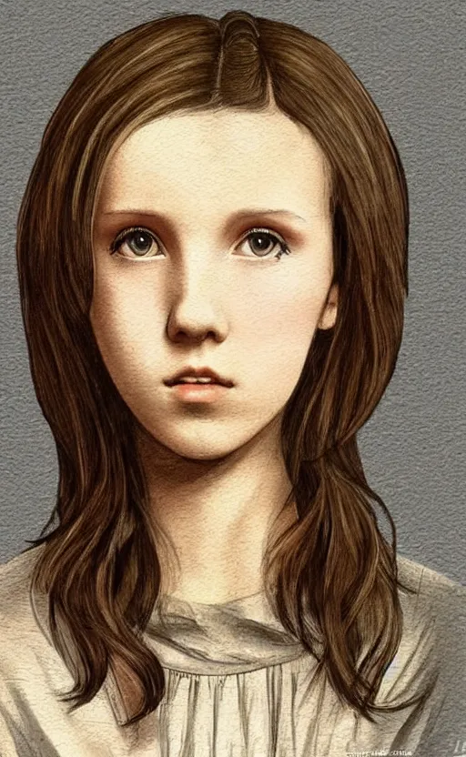 Image similar to millie bobby brown painted by leonardo da vinci in an anime style