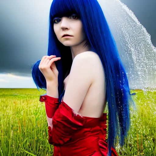 Prompt: a beautiful young girl with a long blue hair, bangs, pale skin, wearing red formal attire, standing heroically beneath swirling clouds, highly detailed, 8 k, professional portrait, low - angle shot, from behind blades of grass, rain droplets frozen in time, god rays, sun beams, dark theme, style of junji ito