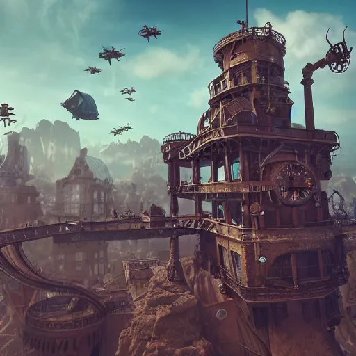 Image similar to flying steampunk fortress, extremely detailed, behrens style, unreal 5 render, fantasy digital art, octane render, beautiful composition, trending on artstation, award - winning photograph