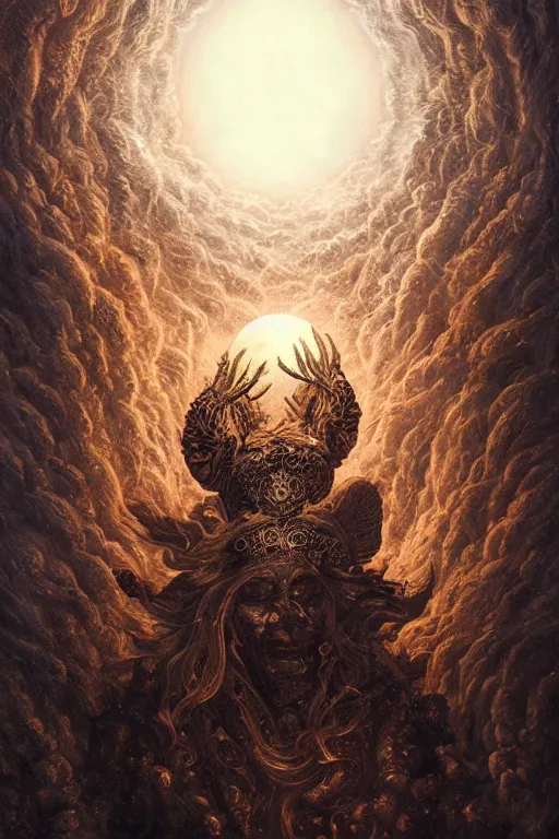 Image similar to Intricate stunning highly detailed deity by agostino arrivabene, Greg Rutkowski , surreal, digital painting, ultra realistic, Horror vacui, beautiful lighting, full moon, ravens, thick black swirling smoke tornado, burning fire embers, artstation