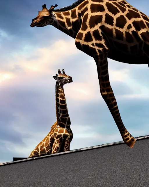Prompt: rubber flat roofing installation services on garage roof halifax, fantasy, a giraffe standing on the roof, giraffe looks into camera, intricate, epic lighting, cinematic composition, hyper realistic, 8 k resolution, unreal engine 5, by artgerm, tooth wu, dan mumford, beeple, wlop, rossdraws, james jean, marc simonetti, artstation