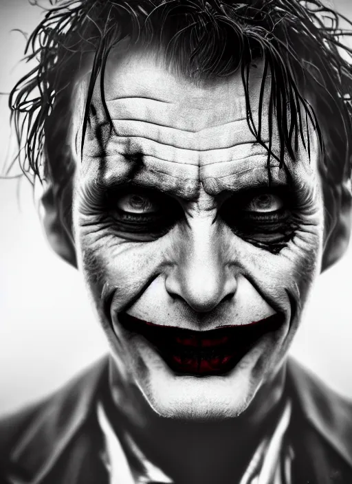 Image similar to photo of David Tennant as the Joker by Lee Jeffries and Eolo Perfido, head shot, detailed, award winning, Sony a7R, trending on artstation