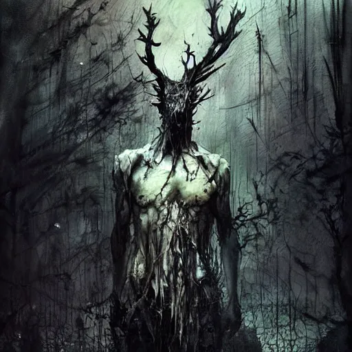 Prompt: leshen by emil melmoth zdzislaw belsinki craig mullins yoji shinkawa realistic render ominous detailed photo atmospheric by jeremy mann francis bacon and agnes cecile ink drips paint smears digital glitches glitchart