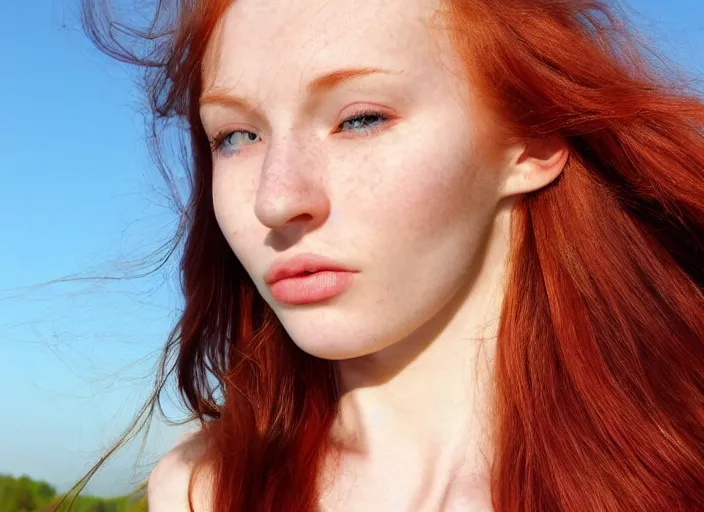Image similar to close up portrait photograph of a anesthetic beautiful!!! thin young redhead woman with russian descent, sunbathed skin, with deep blue (round!!! (Symmetrical!!! eyes)) . Wavy long maroon colored hair. she looks directly at the camera. Slightly open mouth, face takes up half of the photo. a park visible in the background. 55mm nikon. Intricate. Very detailed 8k texture. Sharp. Cinematic post-processing. Award winning portrait photography. Sharp eyes.