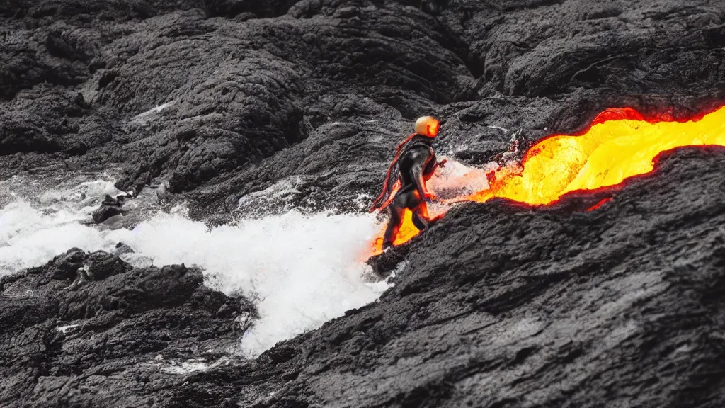 Prompt: person in armor surfing down a river of lava on the side of a volcano on surfboard, action shot, dystopian, thick black smoke and fire, motion blur, sharp focus, cinematic, tilt shift lens