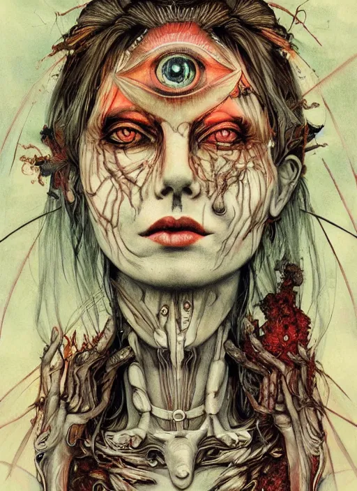 Image similar to tripping magic cult psychic woman, painted face, third eye, energetic consciousness psychedelic, epic surrealism expressionism symbolism, symmetrical face, dark myth mythos, by joao ruas, masterpiece