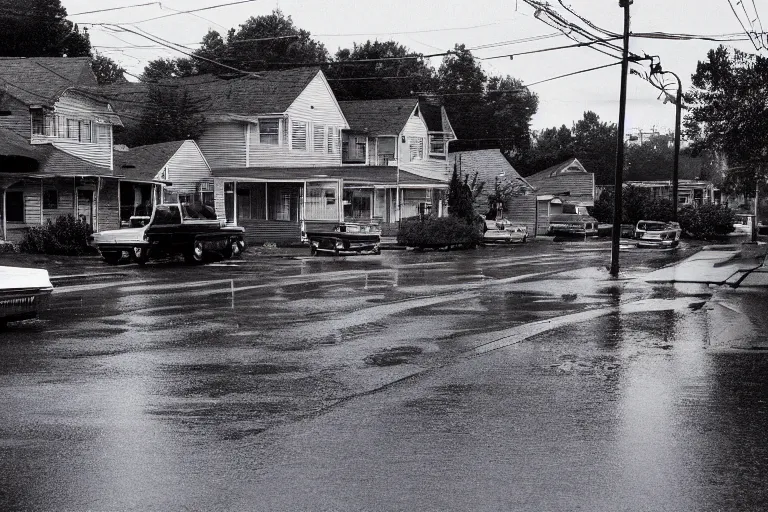 Prompt: a detailed photograph of a 1 9 8 0 s american neighborhood by gregory crewdson, 4 k, rain