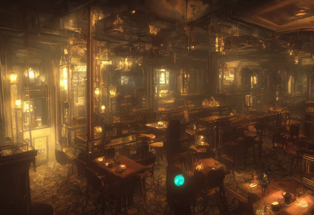 Prompt: In the world of rapture from the world of bioshock you are in a bar, there is a window that lets you see the whole city underwater and you are drinking a rum and coke, there are masks on the tables, there is a band playing in the corner