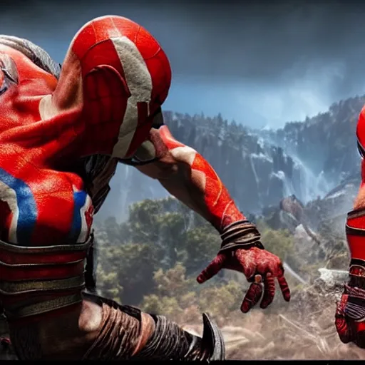 Prompt: screenshot of the game God of War with Kratos and Spiderman shaking hands | Sony Pictures official media | Spiderman | Spiderman | Spiderman