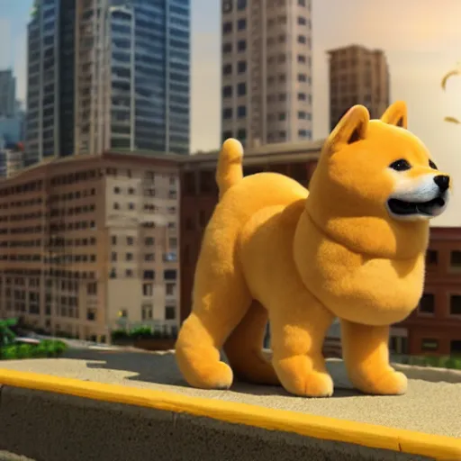 Image similar to a giant plushy shiba inu destroying a city, photo realistic, highly detailed,