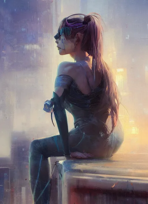 Prompt: girl sitting on a rooftop, cyberpunk, medium shot, expressive oil painting, by yoshitaka amano, by jeremy lipking, by artgerm, by wlop, digital art