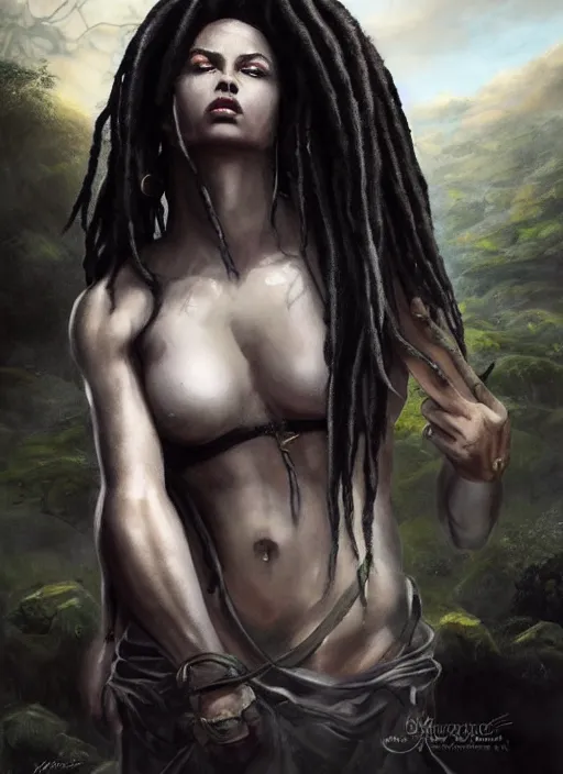 Image similar to girl with pale white skin and black dreadlocks, muscular upper body, beautiful highly detailed face, complementary lighting, backlit, black eyeshadow, dark eyes, adventure, dramatic lighting, landscape background, beautiful painting by artgerm and greg rutkowski and raymond swanland