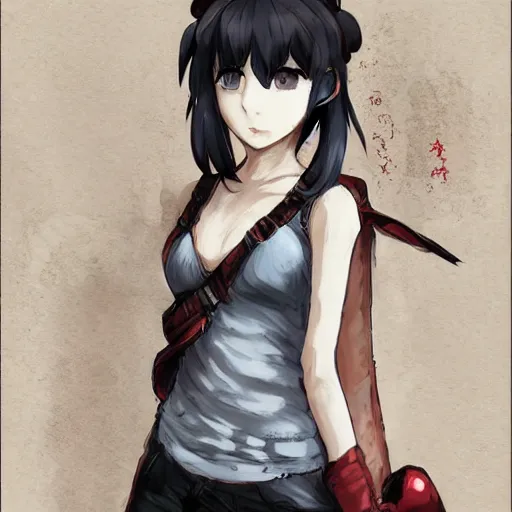 Prompt: a portrait of an anime girl with short black hair with a black tank top and a sweater wrapped around her waist, art made by Akihiko Yoshida in the style of Bravely Default II, highly detailed, trending on art station, fantasy themed,