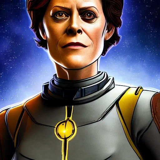 Prompt: sigourney weaver portrait, borderlands, tales from the borderlands, the wolf among us, comic, cinematic lighting, studio quality, 8 k