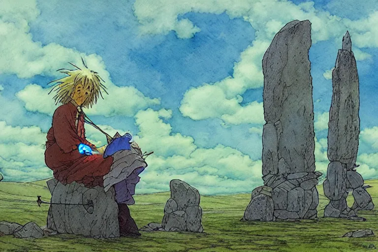 Image similar to hyperrealist studio ghibli watercolor fantasy concept art of a giant from howl's moving castle sitting on stonehenge like a chair. it is a misty starry night. by rebecca guay, michael kaluta, charles vess