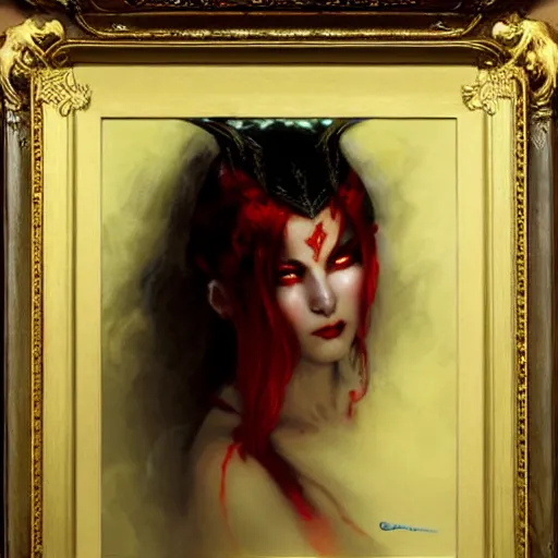 Prompt: attractive vampire queen with red eyes, painting by gaston bussiere, craig mullins