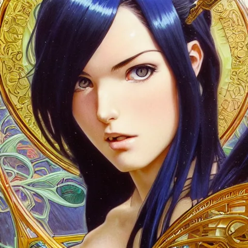 Image similar to highly detailed vfx portrait of nico robin by eiichiro oda!, makoto shinkai, alphonse mucha, msterpriece, art by artgerm and greg rutkowski!, blue eyes!!, large aquiline nose!!, gaston bussiere, stanley kubrick, kaoru mori, intricately detailed, behance, 4 k, hdr