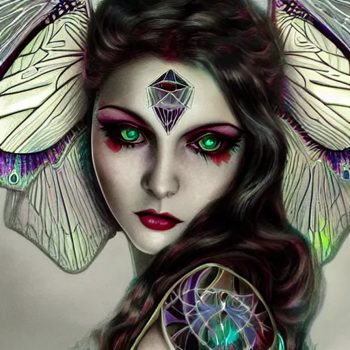 Image similar to realistic illustration of a beautiful art deco faerie queen with glowing eyes, moth wings with geometric patterns, reflective detailed textures, highly detailed dark fantasy science fiction painting, silver and cool colors, artstation