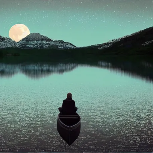 Image similar to A beautiful small boat alone on a lake at twilight with calm waters, the moon shines from above causing light ripples in the water. A small and calm traveller sits in the boat, at peace with himself and the world. A digital art piece designed by psychologists to calm a troubled mind. Tranquil dreams of tepid water, a moment frozen in time. Trending on art station, an award winning masterpiece