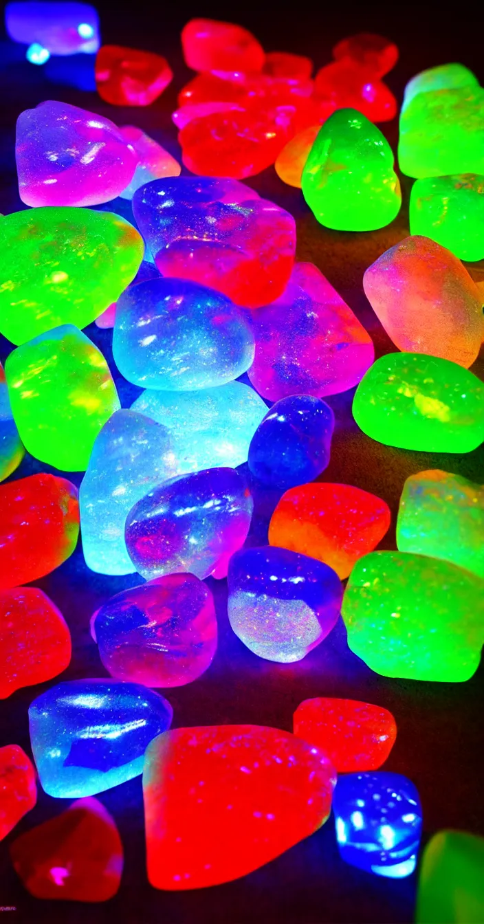 Image similar to realistic photo of colorful transparent stones, glowing light from behind, very sharp focus, in the style of greg rutswoski, very hyper realistic, highly detailed, fantasy art station