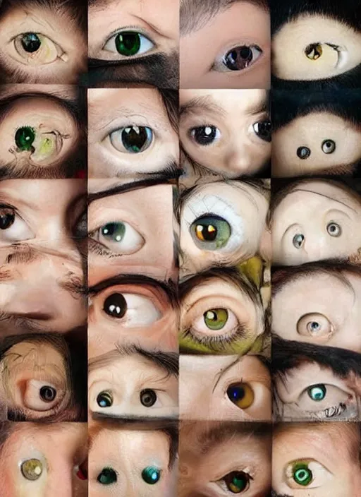 Image similar to diverse eyes!, dot pupils, round pupil, happy human eyes, round iris, advanced art, art styles mix, from wikipedia, grid of styles, various eye shapes