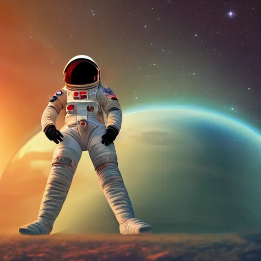 Image similar to A wide angle shot from below of a female astronaut with a feminine body walking with swagger towards camera on mars in an infinite universe , synthwave digital art