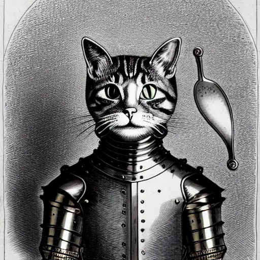 Prompt: engraving portrait of humanoid cat in medieval armoury by gustave dore. trending on deviant art, street art, chillwave, maximalist, full of color, glittering, 8 k, hd