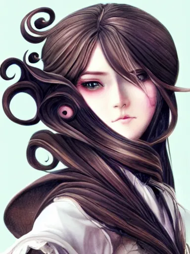 Image similar to a smiling woman, long hair, baroque style, elegant, beautiful, mesmerizing, concept art, fancy clothing, highly detailed, artstation, behance, deviantart, inspired by innocent manga, inspired by castlevania concept art, trending, ayami kojima, shinichi sakamoto