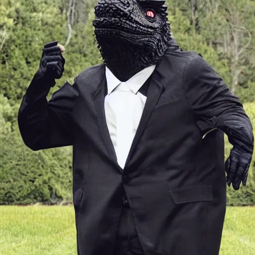 Image similar to black godzilla in a suit at the funeral