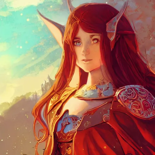 Prompt: a female elven cleric with red long hair, very good beautiful heavy scale armor, wearing a cape, casting a fire spell, dungeon background, magical, bright, colorful, fantastic lighting, amazing details, 4 k uhd, illustration by stephanie brown and makoto shinkai and ilya kuvshinov, artstation, pixiv, concept art,