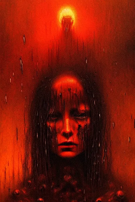 Prompt: queen of darkness painting in the style of beksinski, violent, high delicate defined details, beautiful, atmospheric, rain, matte, 3 d 8 k octane rendered, sharp focus, illustration, holographic undertones, high detail, ultra realistic, highly saturated colors