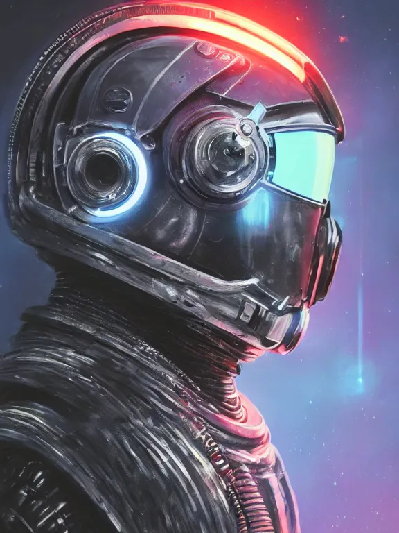 Image similar to portrait art of 8k ultra realistic retro futuristic astronaut, side profile, helmet visor smashed, , glow around helmet, deep space , detailed intricate ornate armour,eldritch horror,blade runner, cybernetic, full of colour, cinematic lighting, trending on artstation, 4k, hyperrealistic, focused, extreme details,unreal engine 5, cinematic, masterpiece, art by ayami kojima, giger