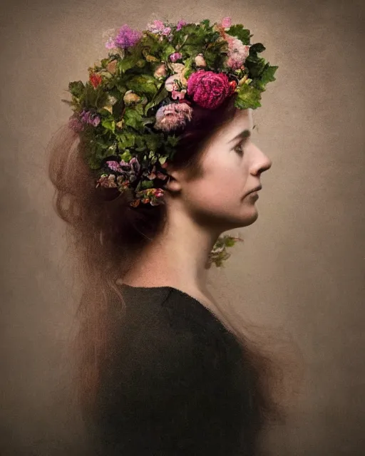 Image similar to a woman's face in profile, long hair made of flowers and vines, in the style of the Dutch masters and Gregory Crewdson, dark and moody