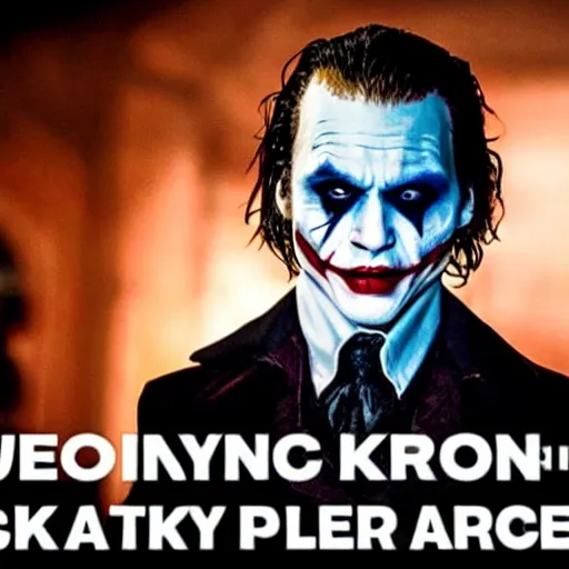 Image similar to stunning awe inspiring Johnny Depp playing The Joker 8k hdr movie still hypnotic lighting