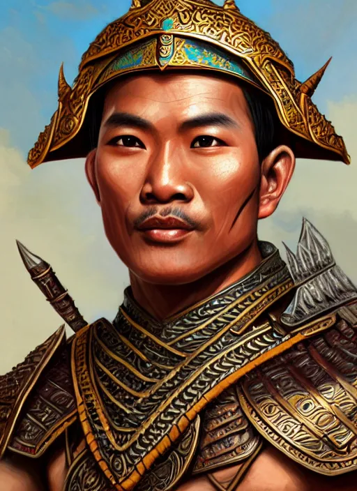 Prompt: smart tai warlord of sukhothai, closeup portrait, without beard and mustache, historical hero, ethnic group, tai costume, thai transitional bronze headdress, intricate, with leather armor cross on bare chest, elegant, loin cloth, highly detailed, oil painting, artstation, concept art, matte, sharp focus, illustration, hearthstone, art by earl norem