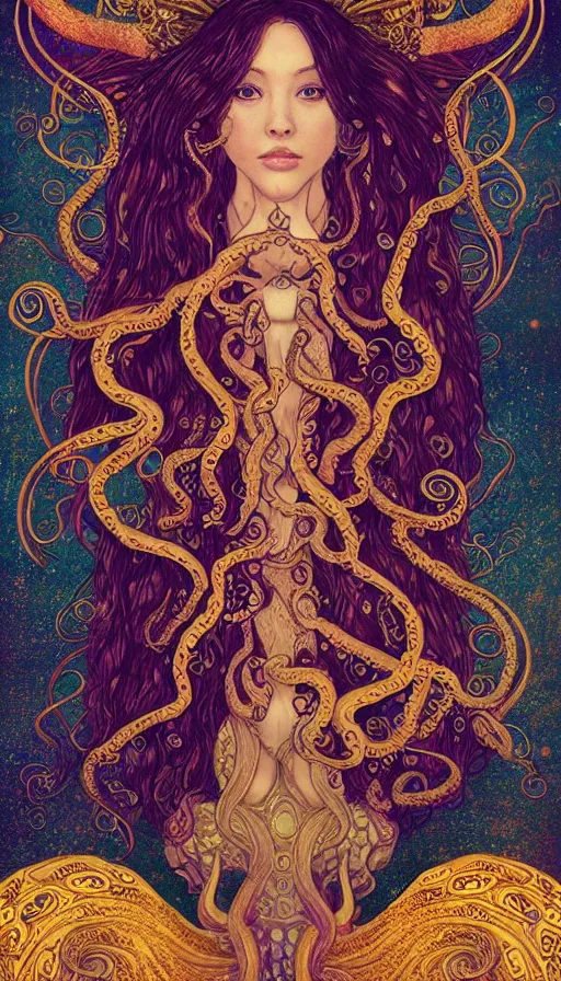 Image similar to tarot card, intricate octopus beautiful female goddess, field various angles by ross tran, water, tentacles, golden ratio, vivid colors, trending on ArtStation, cgsociety gustav klimt frame, bokeh