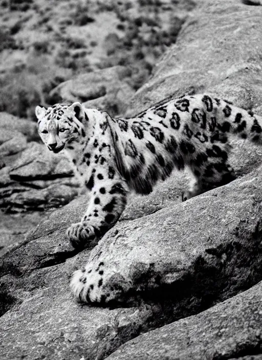 Prompt: a white and black snow leopard walking on a rock, a photograph by robert frank, naturalism, sharp focus, creative commons attribution