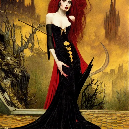 Prompt: an extremely detailed matte painting of a vampire queen in a resplendent black dress with gold and crimson trim and a long leg slit, in the style of magic the gathering, 8 k, sharp focus, detailed face, art by john collier and albert aublet and krenz cushart and artem demura and alphonse mucha