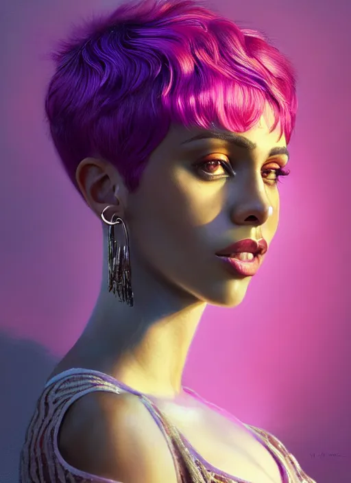 Image similar to portrait of vanessa morgan with bright pink hair, curly pixie cut hair, wearing a purple breton cap, breton cap, hoop earrings, intricate, elegant, glowing lights, highly detailed, digital painting, artstation, concept art, smooth, sharp focus, illustration, art by wlop, mars ravelo and greg rutkowski