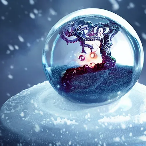 Prompt: eldritch world breaking out of a snow globe. Hyper realistic, cosmic horror, HP Lovecraft